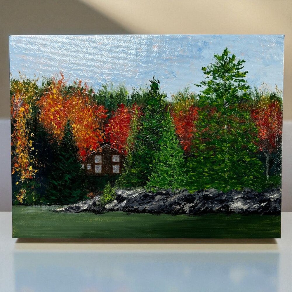 Cabin At The Lake 6"x8" Acrylic Painting With Autumn Foliage & Rocky Shoreline